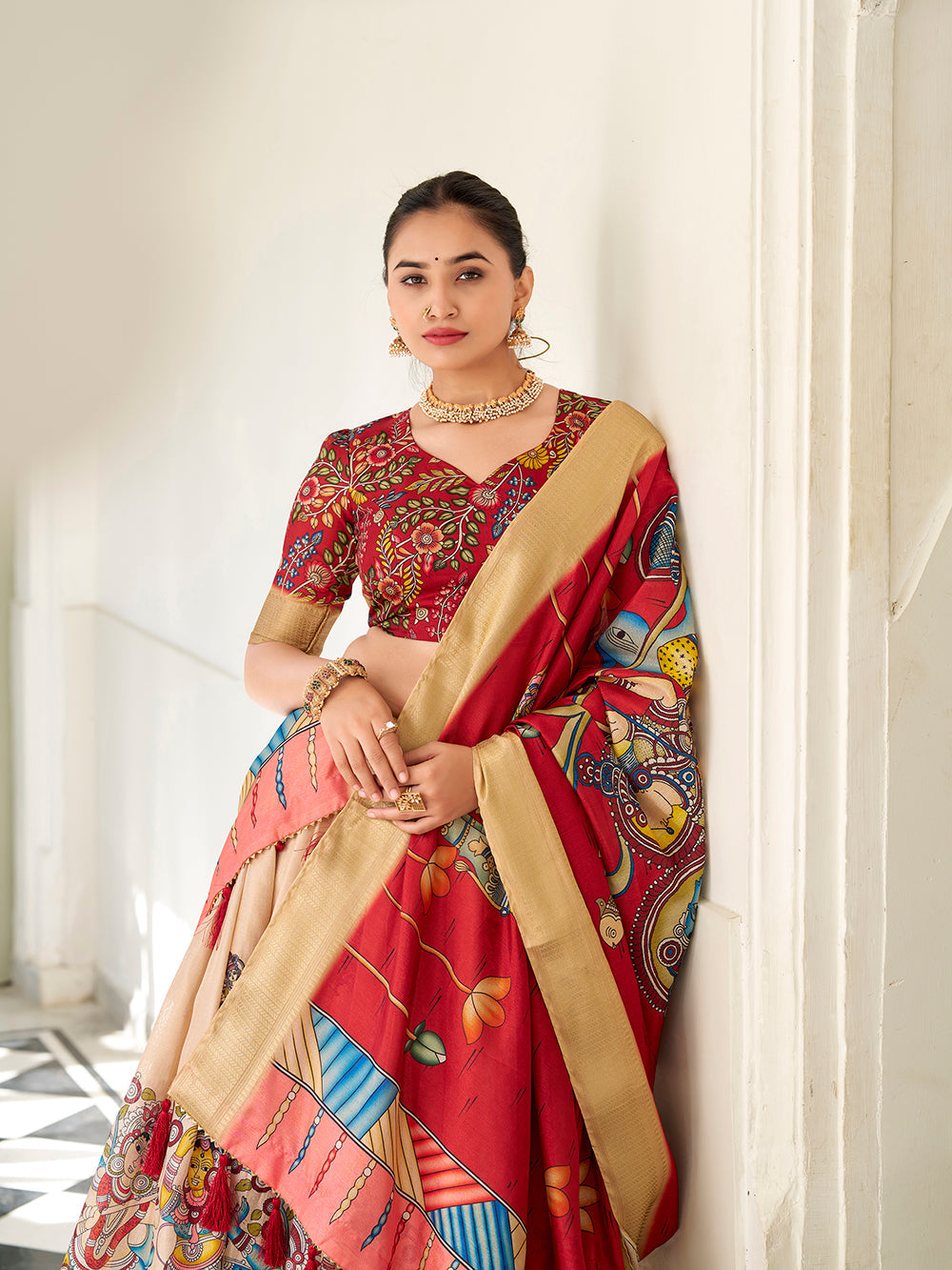 Unstitched blouse fabric with cream lehenga