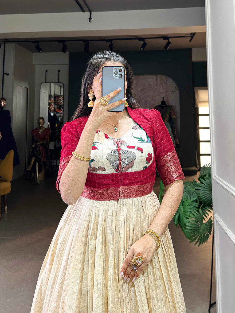 Red Color Kalamkari Print With Zari Weaving Border Dola Silk Gown