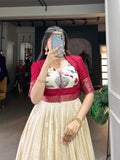 Red Color Kalamkari Print With Zari Weaving Border Dola Silk Gown