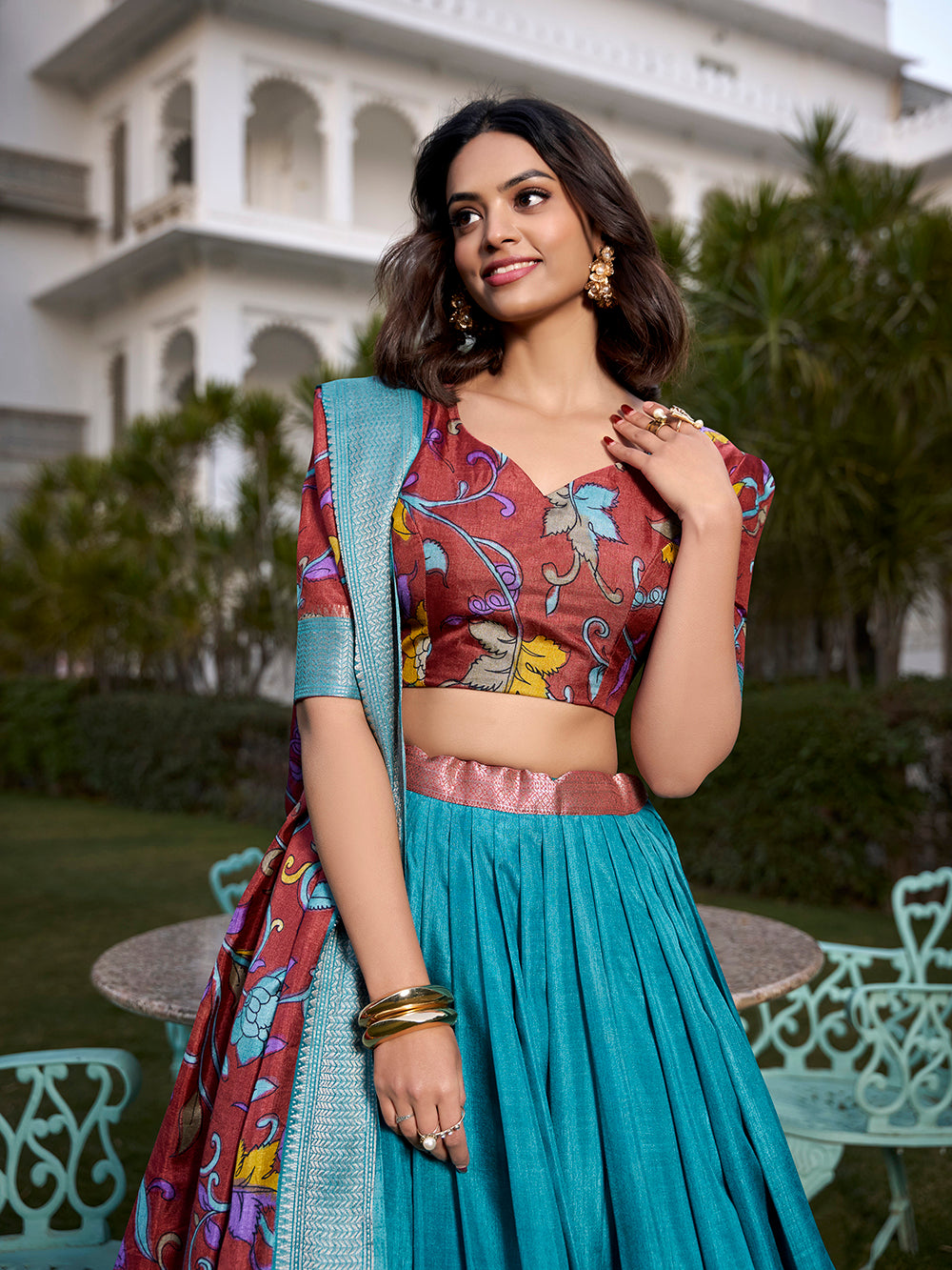 Firozi Color Printed (Kalamkari) With Zari Weaving Border Dola Silk Lehenga Choli