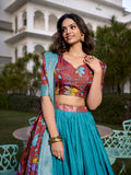 Firozi Color Printed (Kalamkari) With Zari Weaving Border Dola Silk Lehenga Choli