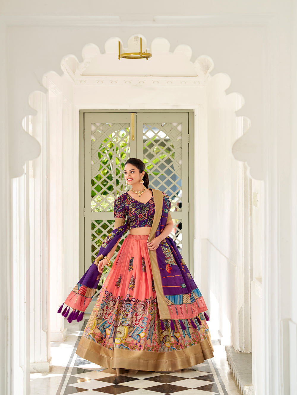 Peach Dola silk Kalamkari print lehenga