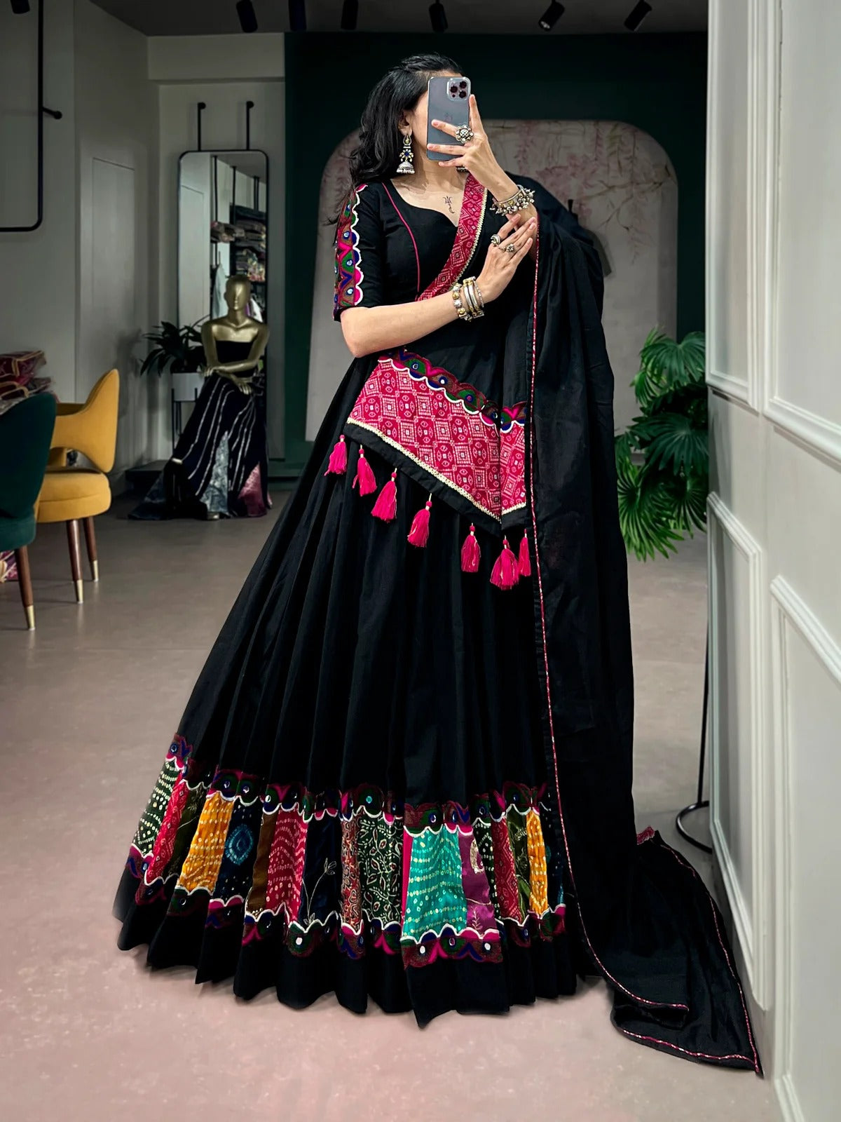 Traditional Gujarati Khadi cotton chaniya choli with Gamthi lace and Bandhej dupatta