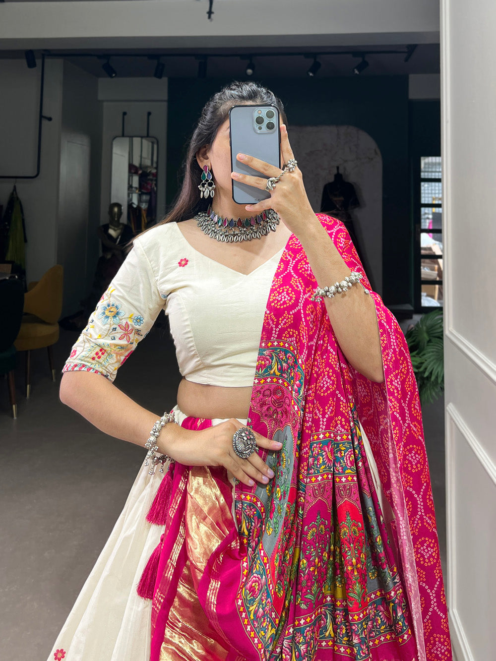 Flower Design Sequins And Thread Embroidery Work Khadi Cotton Chaniya Choli