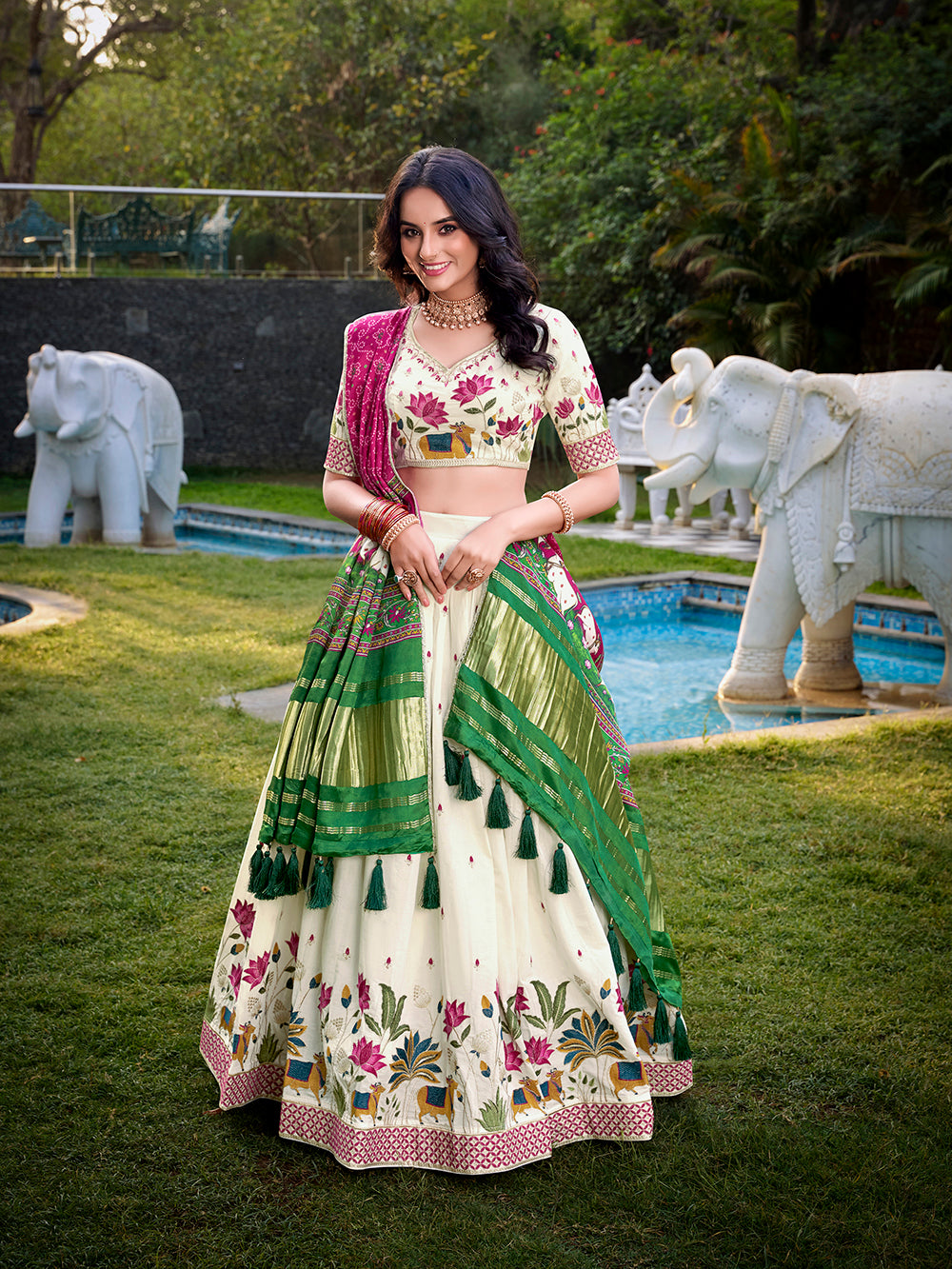 Lotus Design With Sequince And Thread Embroidery Work Khadi Cotton Lehenga Choli