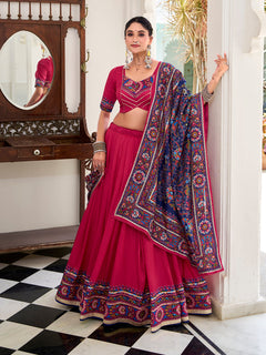 Pink Color Gamthi Print And Embossed Design Tasar Silk Lehenga Choli