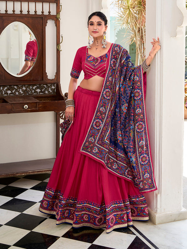 Pink Color Gamthi Print And Embossed Design Tasar Silk Lehenga Choli
