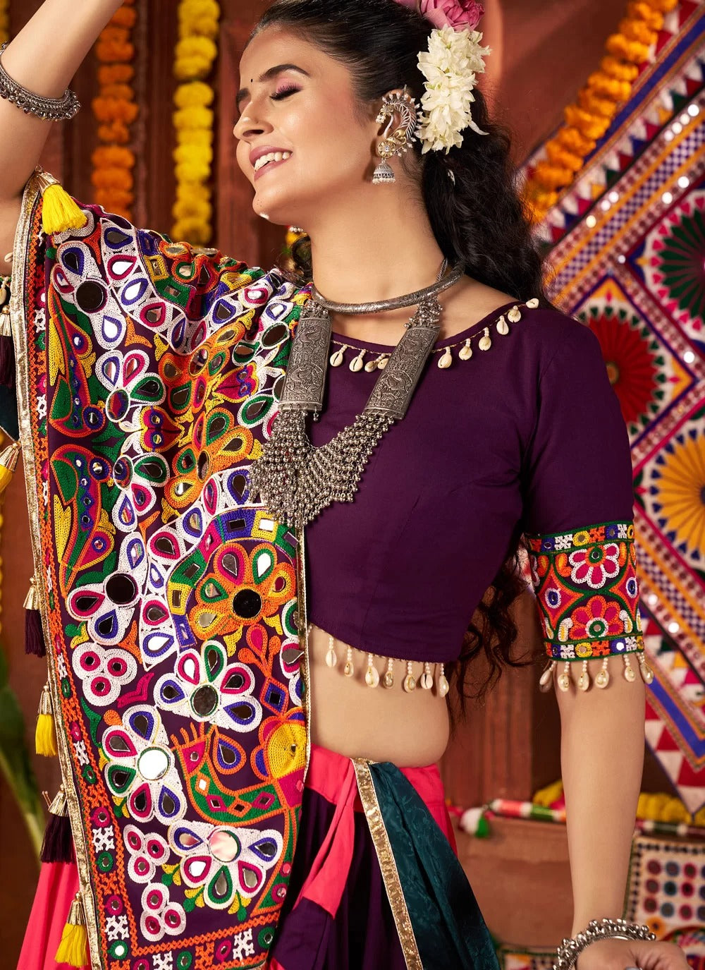 Multi-color viscose cotton lehenga with mirror work for Navratri