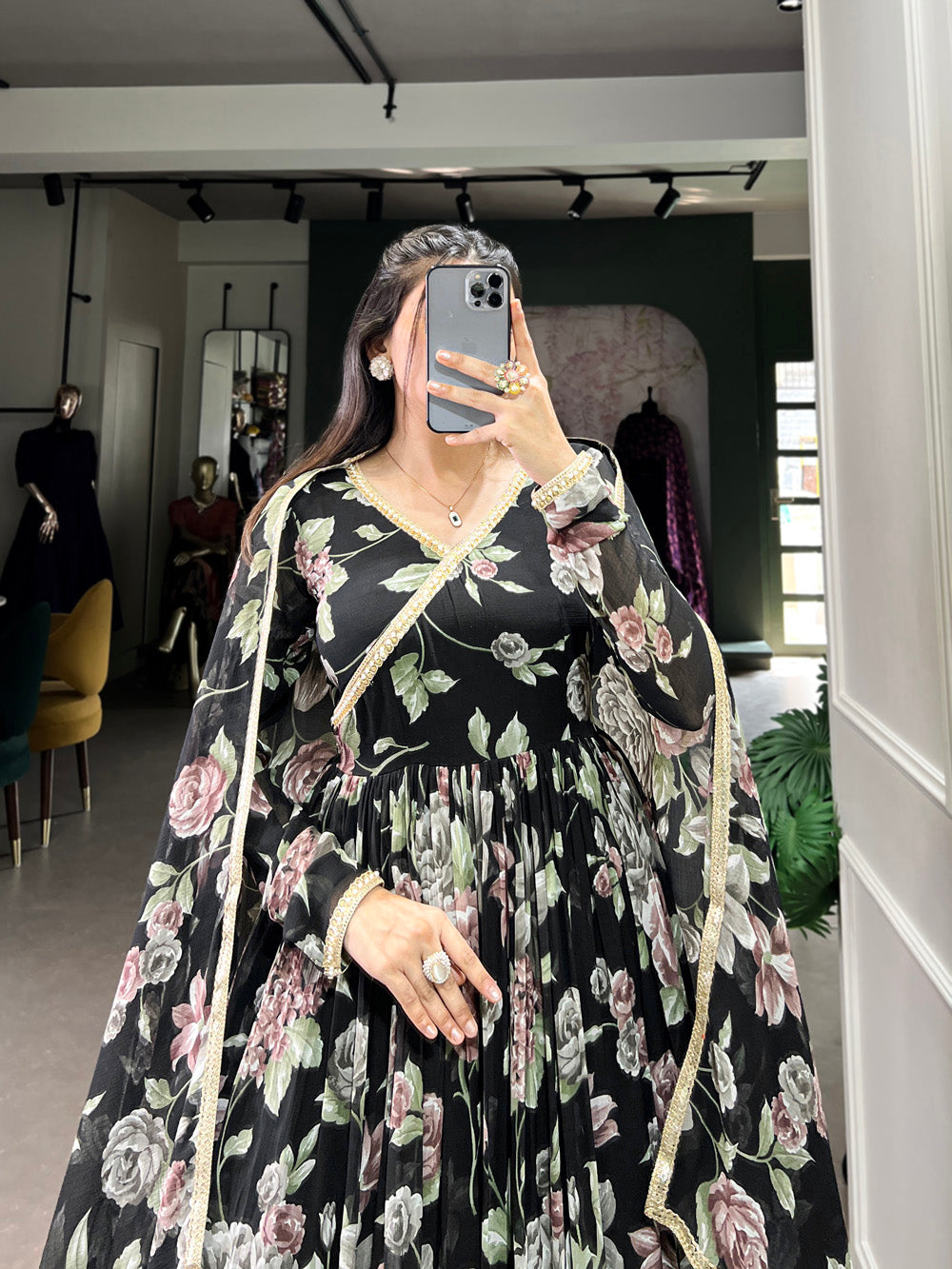 Black Color Floral Print With Lace Border Marbel Gown
