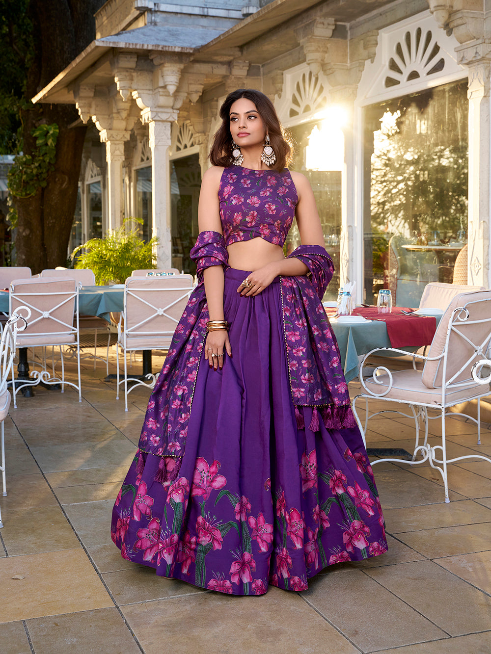 Purple Color Floral Print With Foil Work Tussar Silk Lehenga Choli