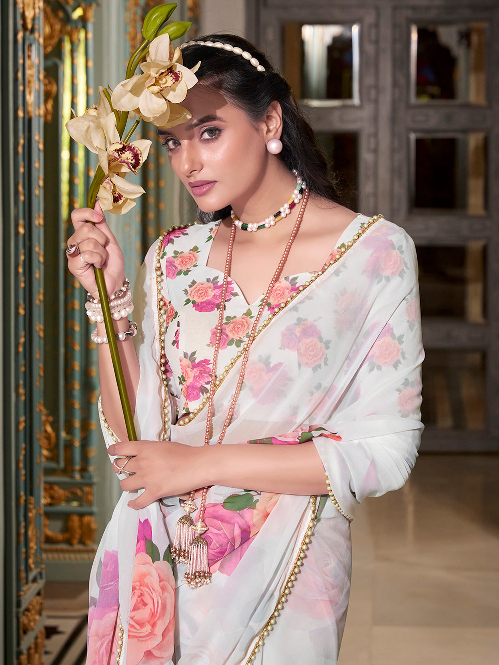 Traditional white georgette saree for festivals