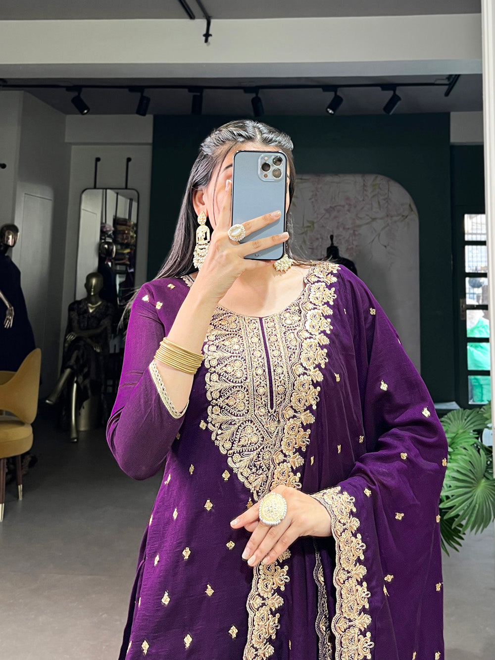 Purple Color Sequins And Thread Embroidery Work Vichitra Silk Salwar Suit