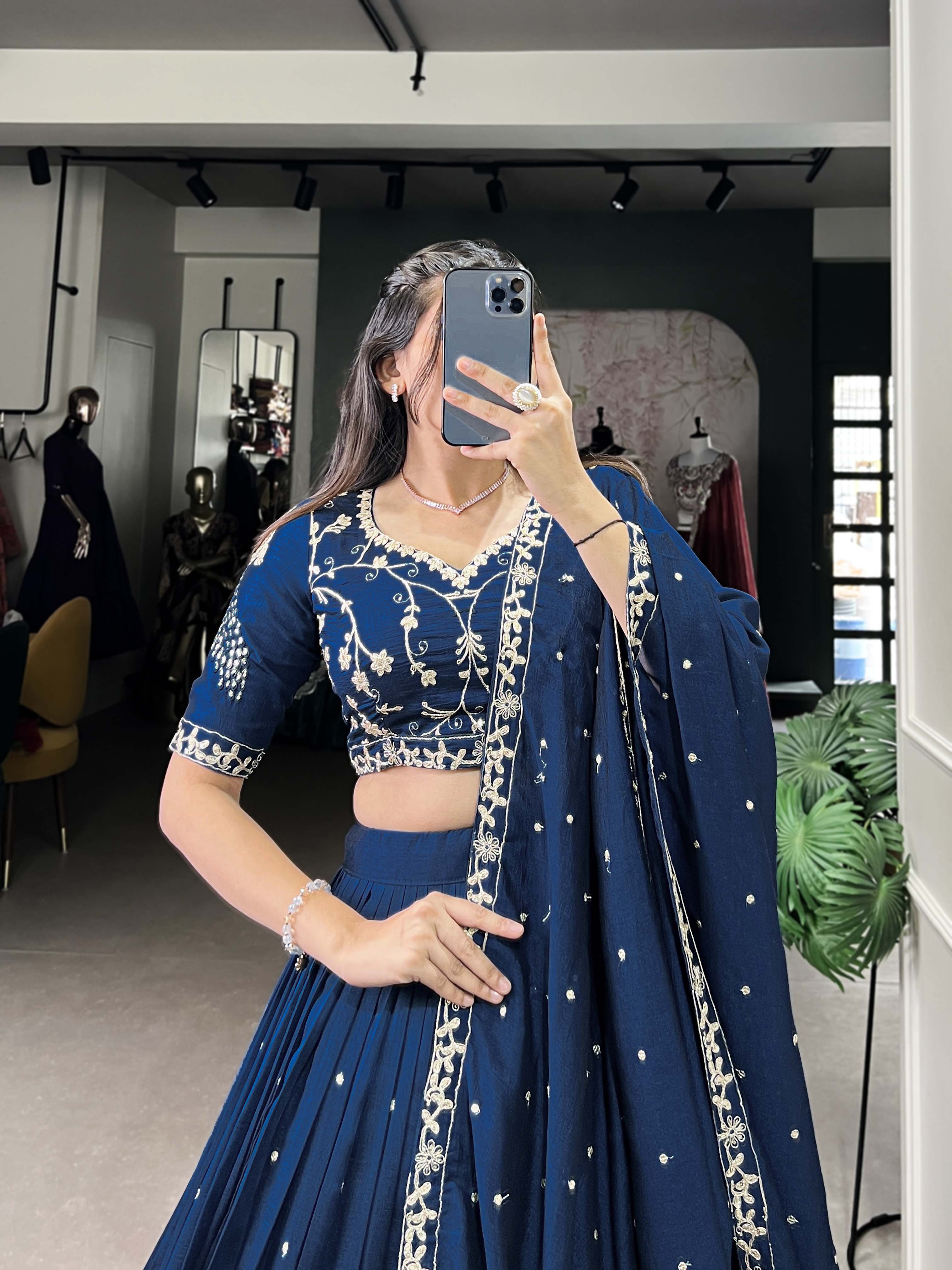 Firozi Color Sequins And Thread Embroidery Work Vichitra Silk Lehenga Choli