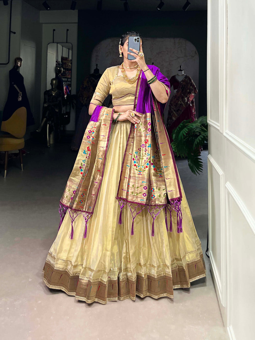 Cream Color Plain With Paithani Lace Border Erode Lehenga Choli