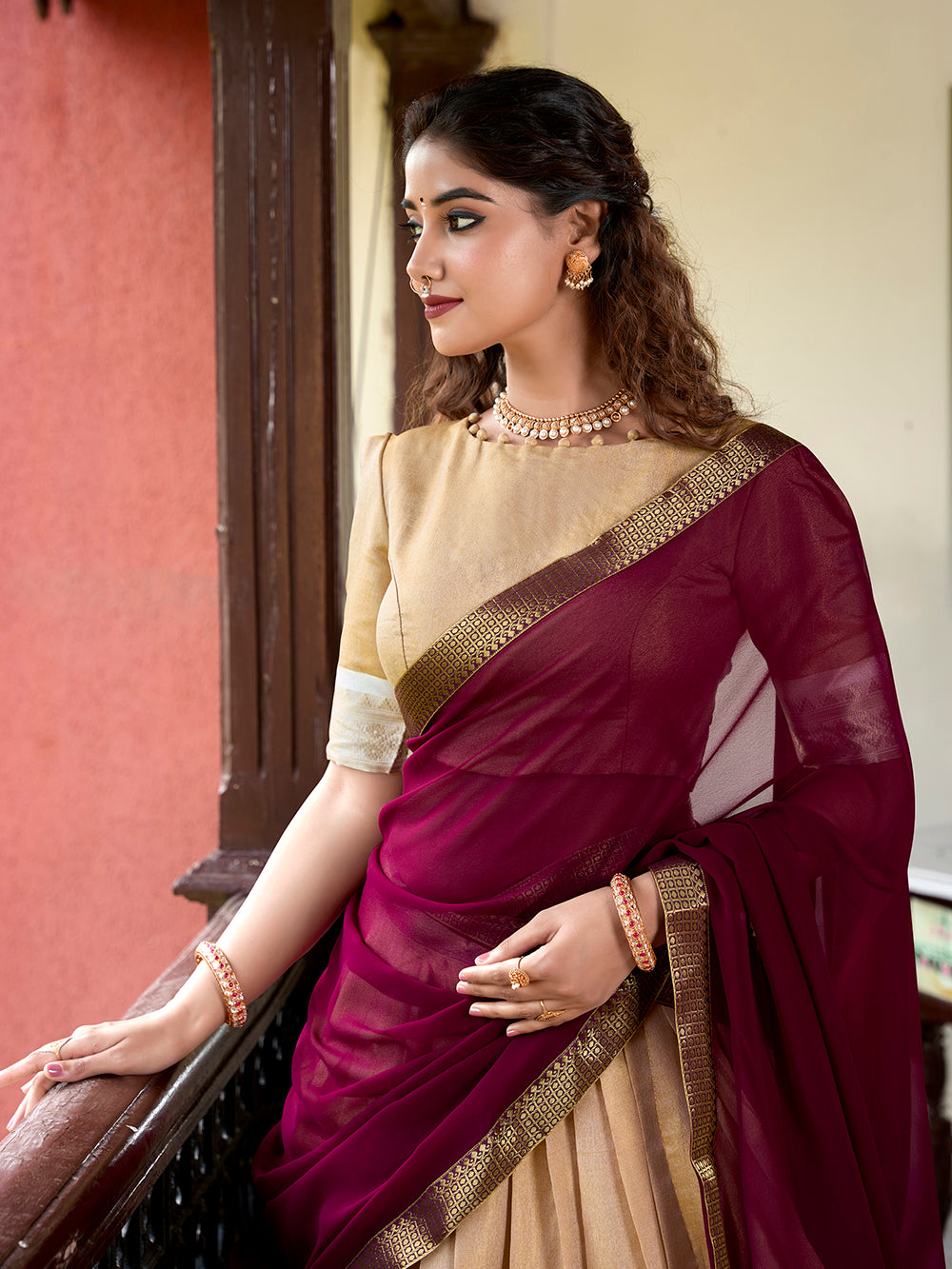 Cream Color Zari Weaving Work Kanchipuram Lehenga Choli
