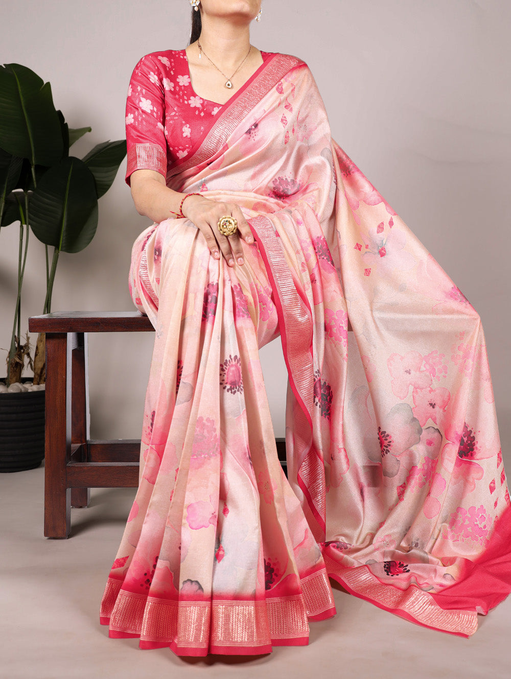 Peach tussar silk floral printed saree