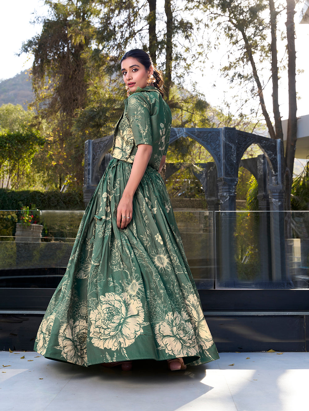 Bottle Green Floral Print Tussar Silk Co-ord Set lehenga Choli