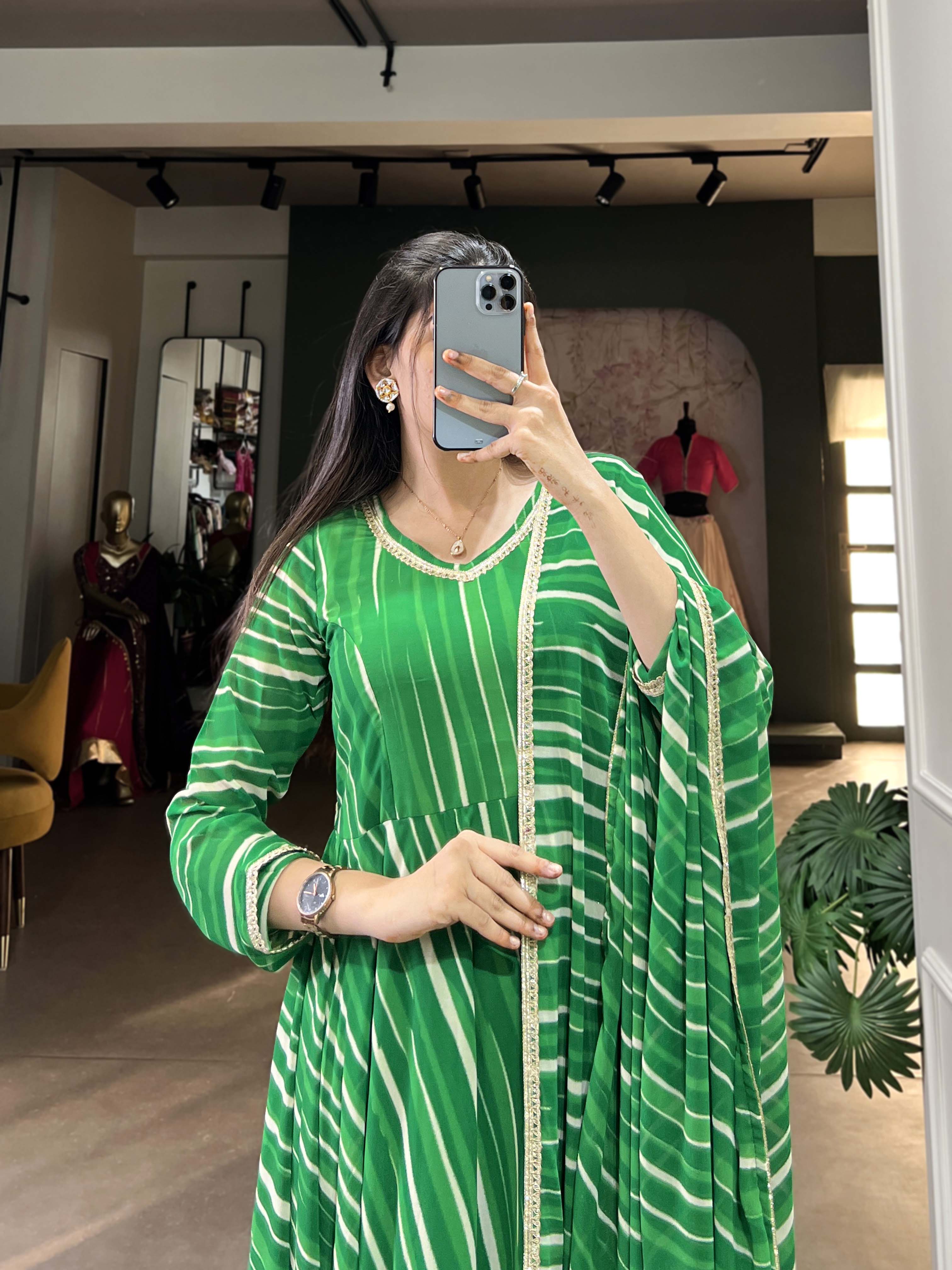 Green Color Leheriya With Lace Touch Up Georgette Gown