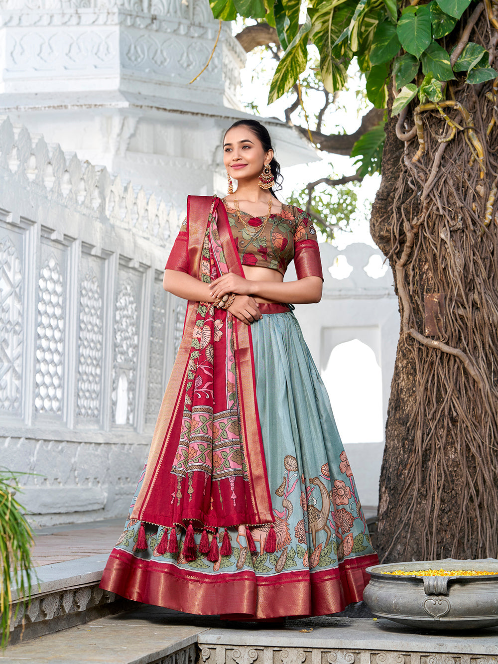 See Green Color Printed (Kalamkari) With Zari Weaving Border Jacquard Silk Lehenga Choli