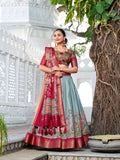 See Green Color Printed (Kalamkari) With Zari Weaving Border Jacquard Silk Lehenga Choli