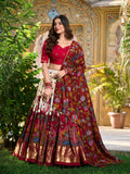 Off White Color Kalamkari Print With Foil Work Tasar Silk Lehenga Choli