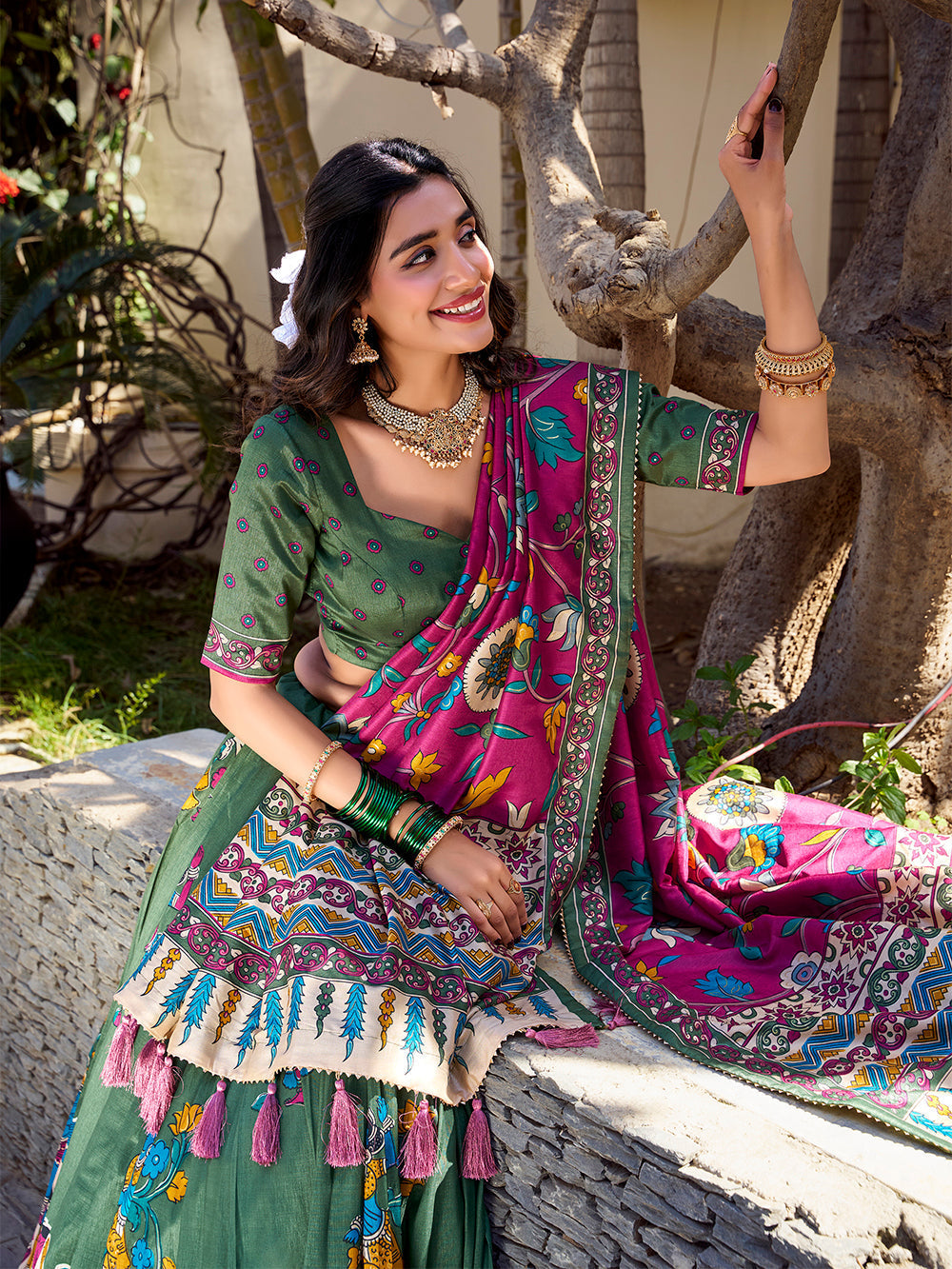 Mehandi Color Kalamkari Print With Foil Work Tussar Silk Lehenga Choli