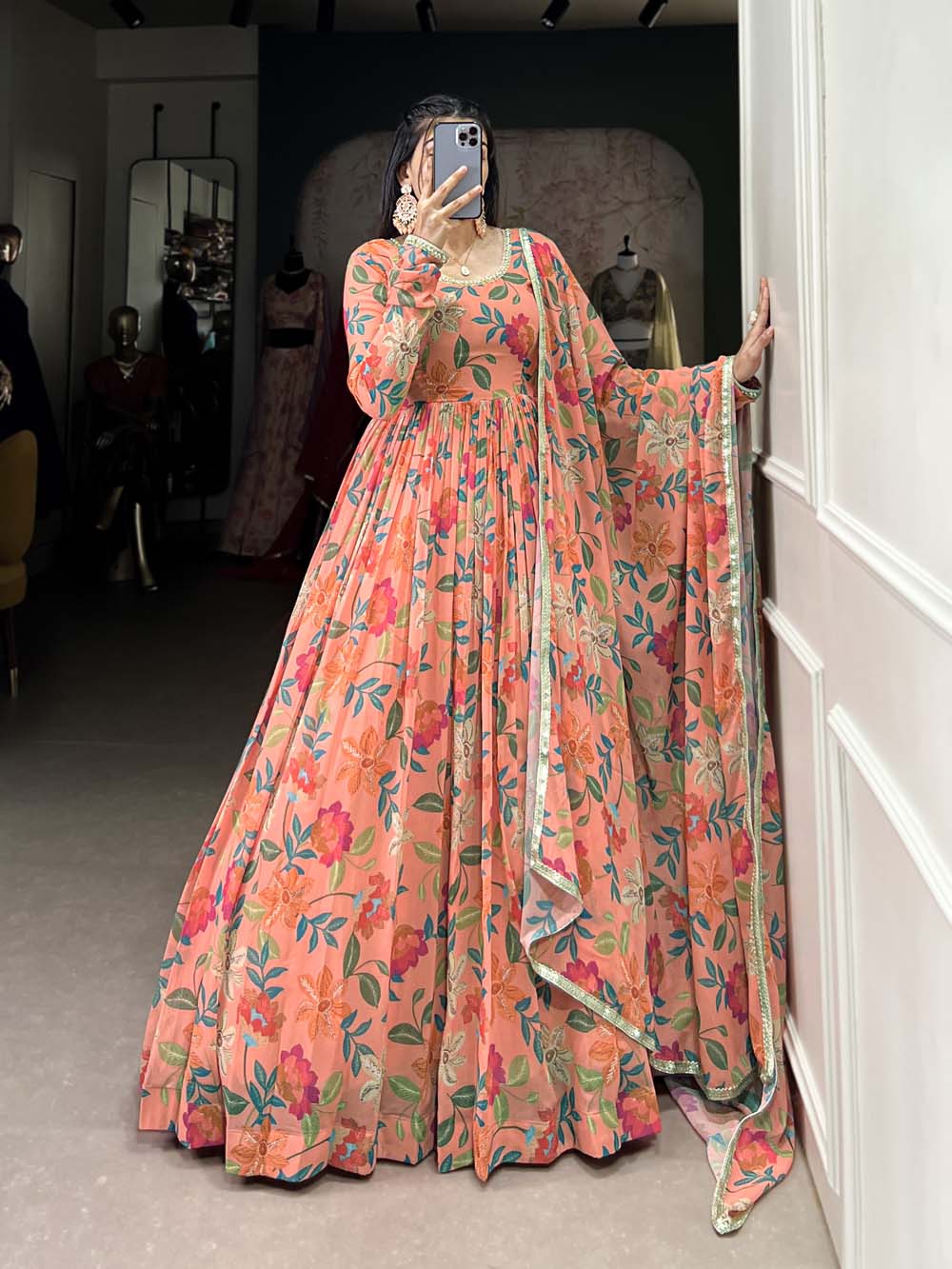 Peach Color Floral Print With Lace Border Georgette Gown