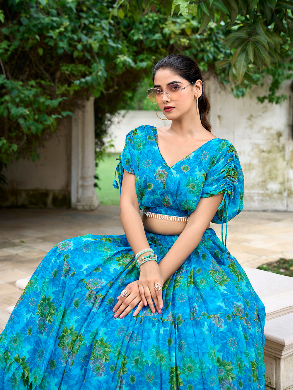 Sky Blue Color Floral Print Chiffon Co-ord Set Chaniya Choli