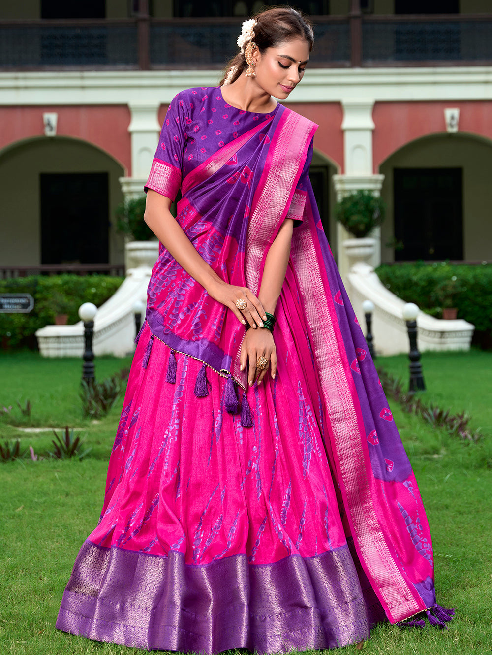 Purple Color Shibori Print With Zari Weaving Border Dola Silk Chaniya Choli