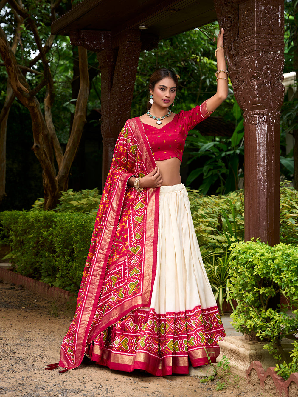 Red Color Patola Print With Tussar Silk Lehenga Choli