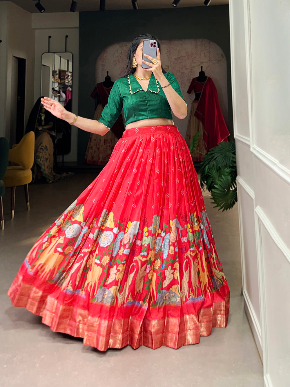 Red Color Kalamkari Print With Zari Weaving Border Dola Silk Co-ord Set Lehenga Choli