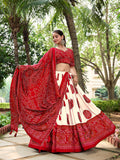 Red Color Bandhej Printed Tussar Silk Traditional Wear Lehenga Choli