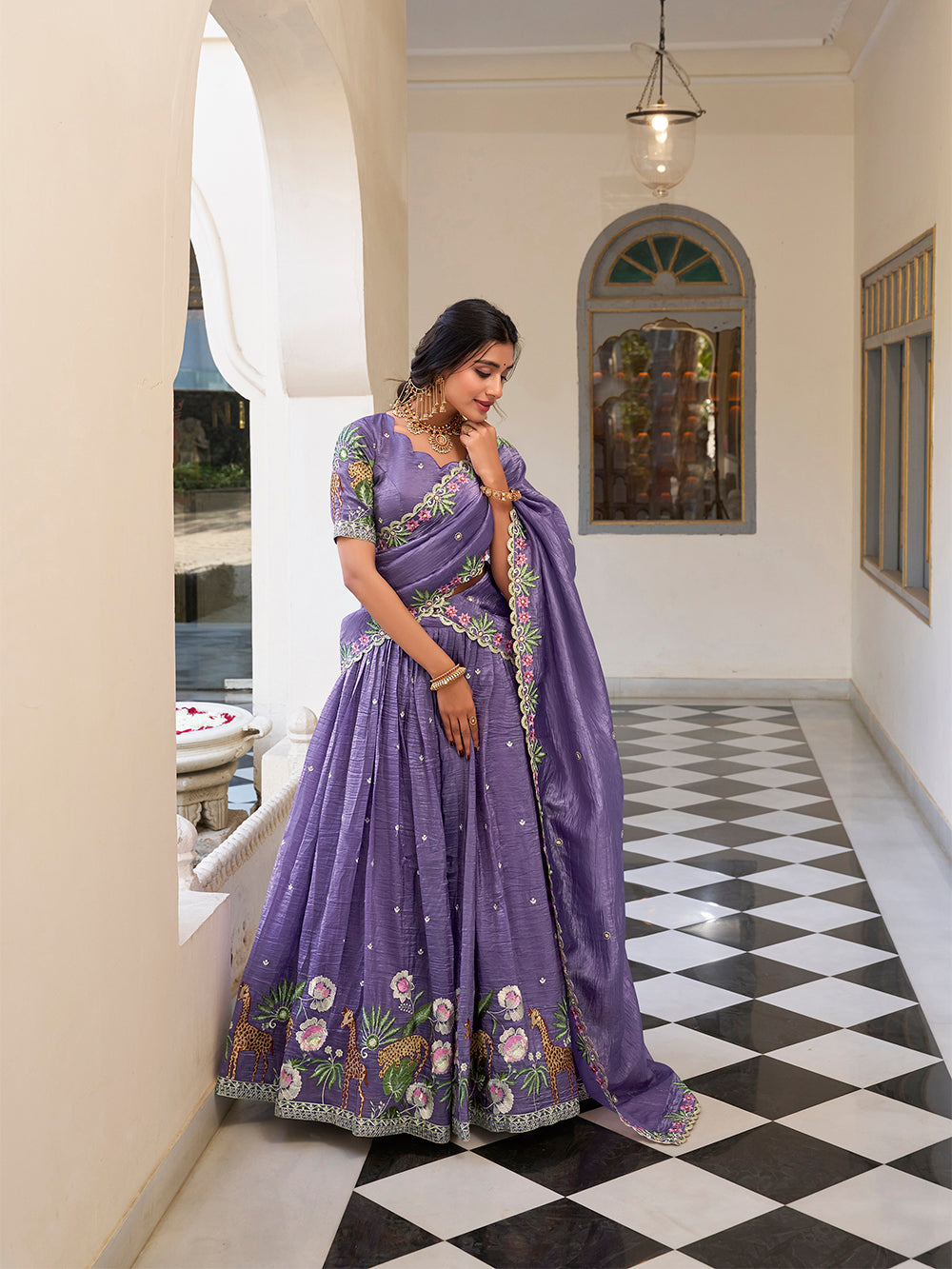 Lavender Color Sequins and Thread Embroidery Work Gold Crush Lehenga Choli
