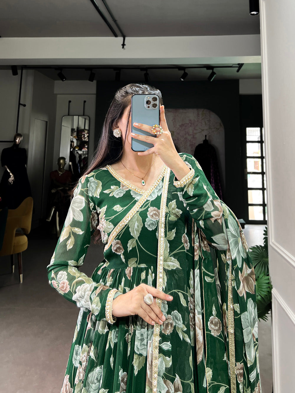 Green Color Floral Print With Lace Border Marbel Gown