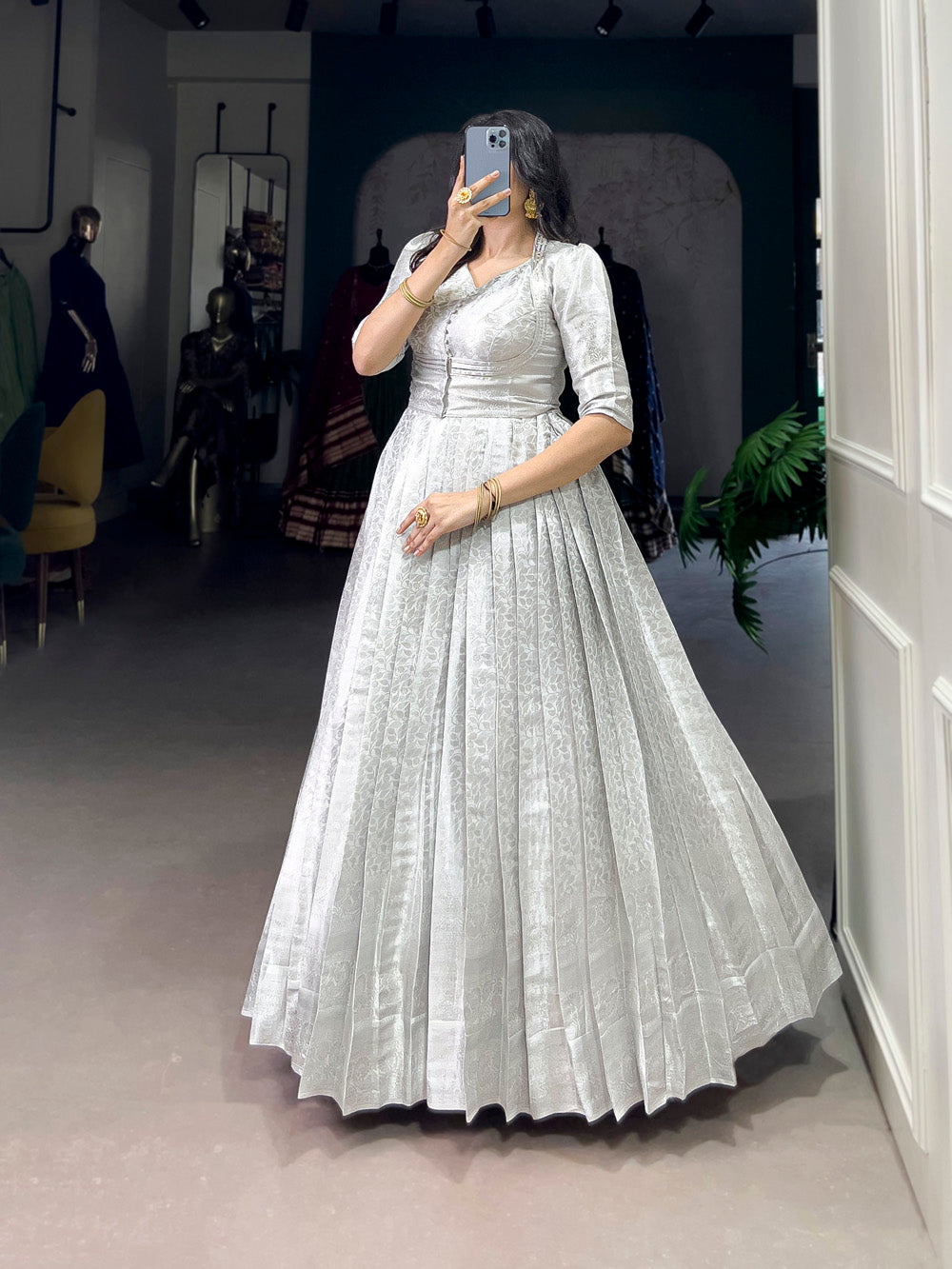 Off White Color Zari Weaving Work Kanjivaram Gown