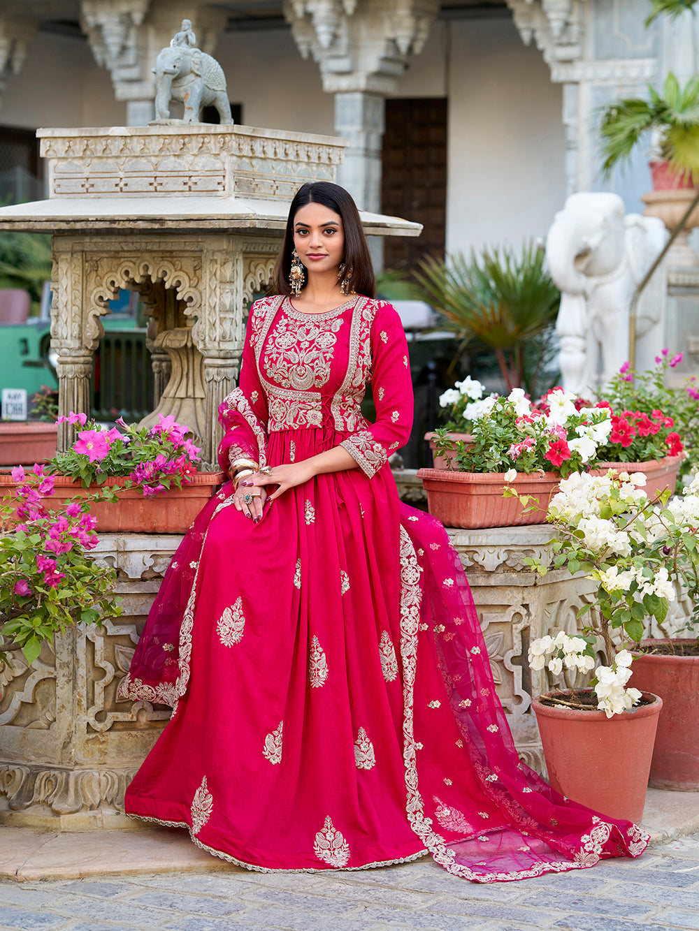 Pink Color Sequins And Thread Embroidery Work With Lace Border Vichitra Silk Gown