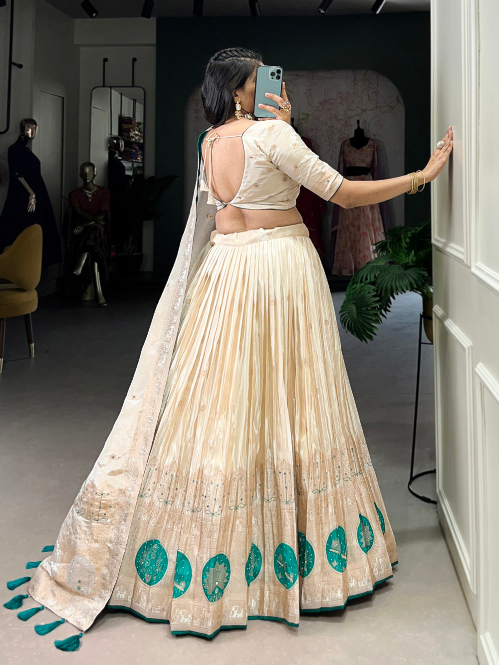 Bottle Green Color Mirror And Bids (Moti) Handwork Shimmer With Weaving Work Lehenga Choli