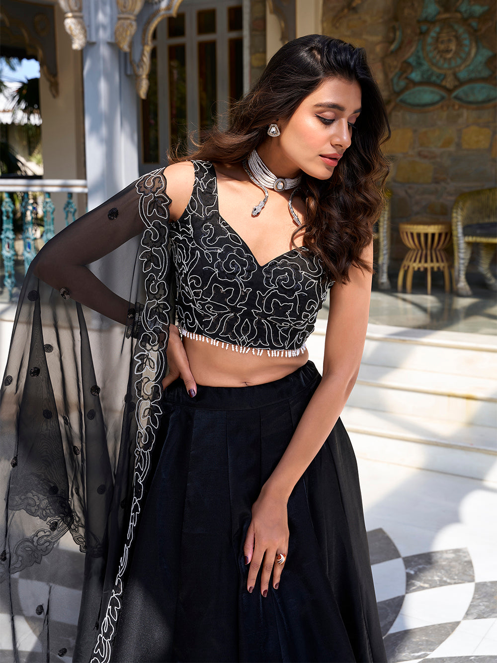 Black Color Pearl Coding And Sequins Embroidery Work With Satin Lehenga Choli