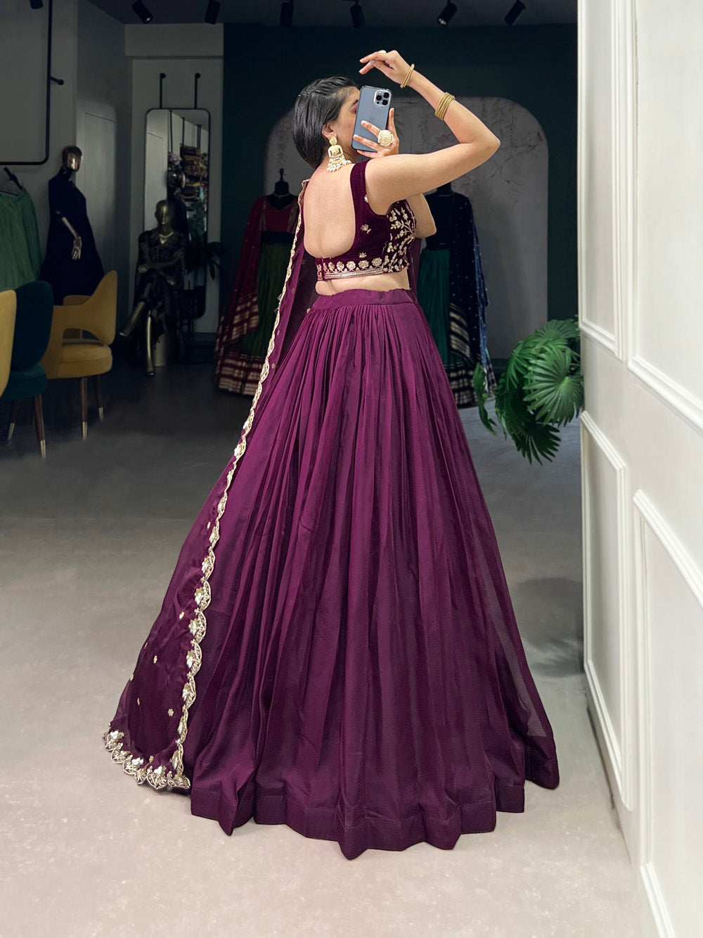 Wine Color Plain With Organza Lehenga Choli