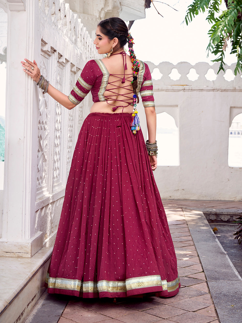 Traditional maroon chanderi lehenga with dupatta