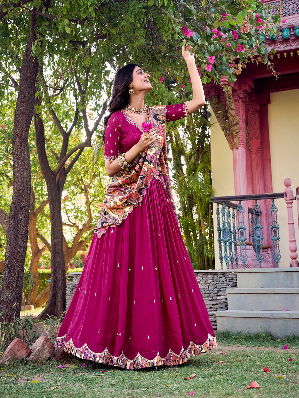Pink Color Sequins And Thread Embroidery Work Vichitra Silk Lehenga