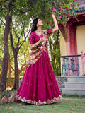 Pink Color Sequins And Thread Embroidery Work Vichitra Silk Lehenga