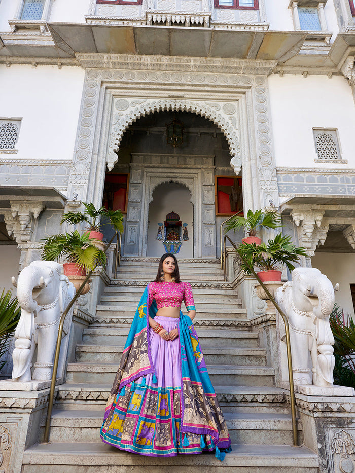 Lavender Tasar silk lehenga with Kalamkari print