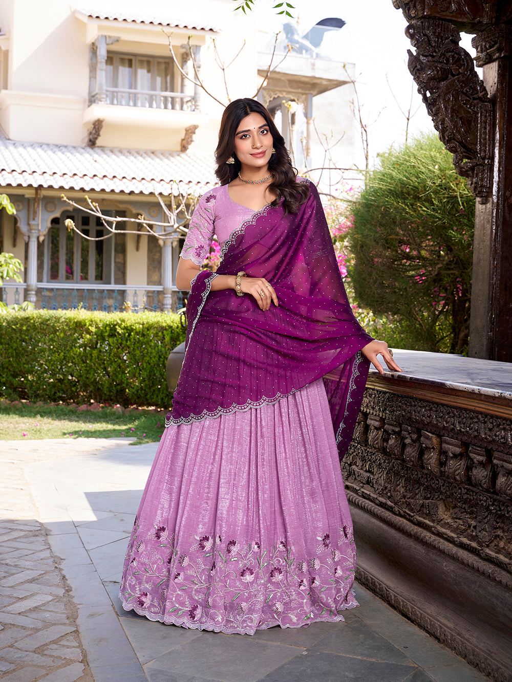 Lavender Color Sequins And Embroidery Work With Hotfix Silver Glossy Lehenga Choli