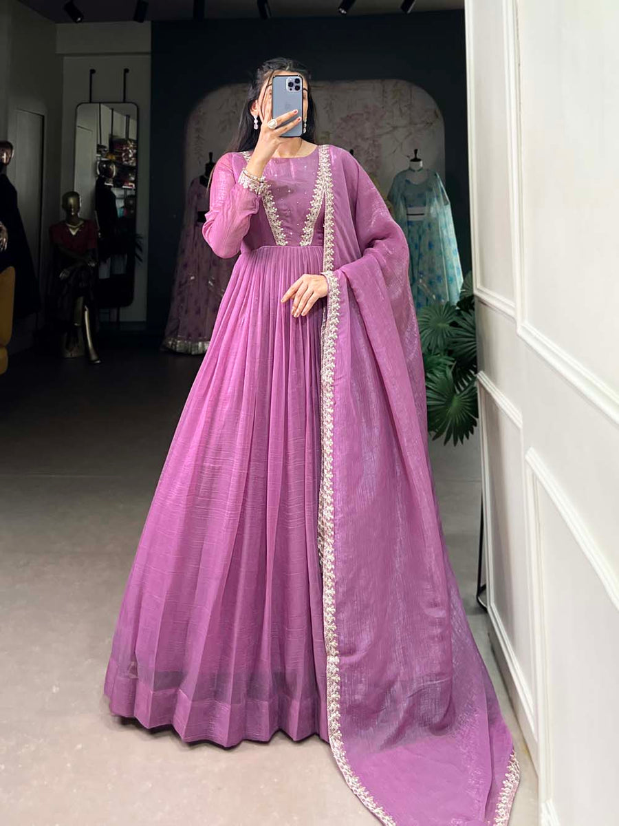 Lavender Color Hotfix With Sequince Lace Border Silver Glory Gown