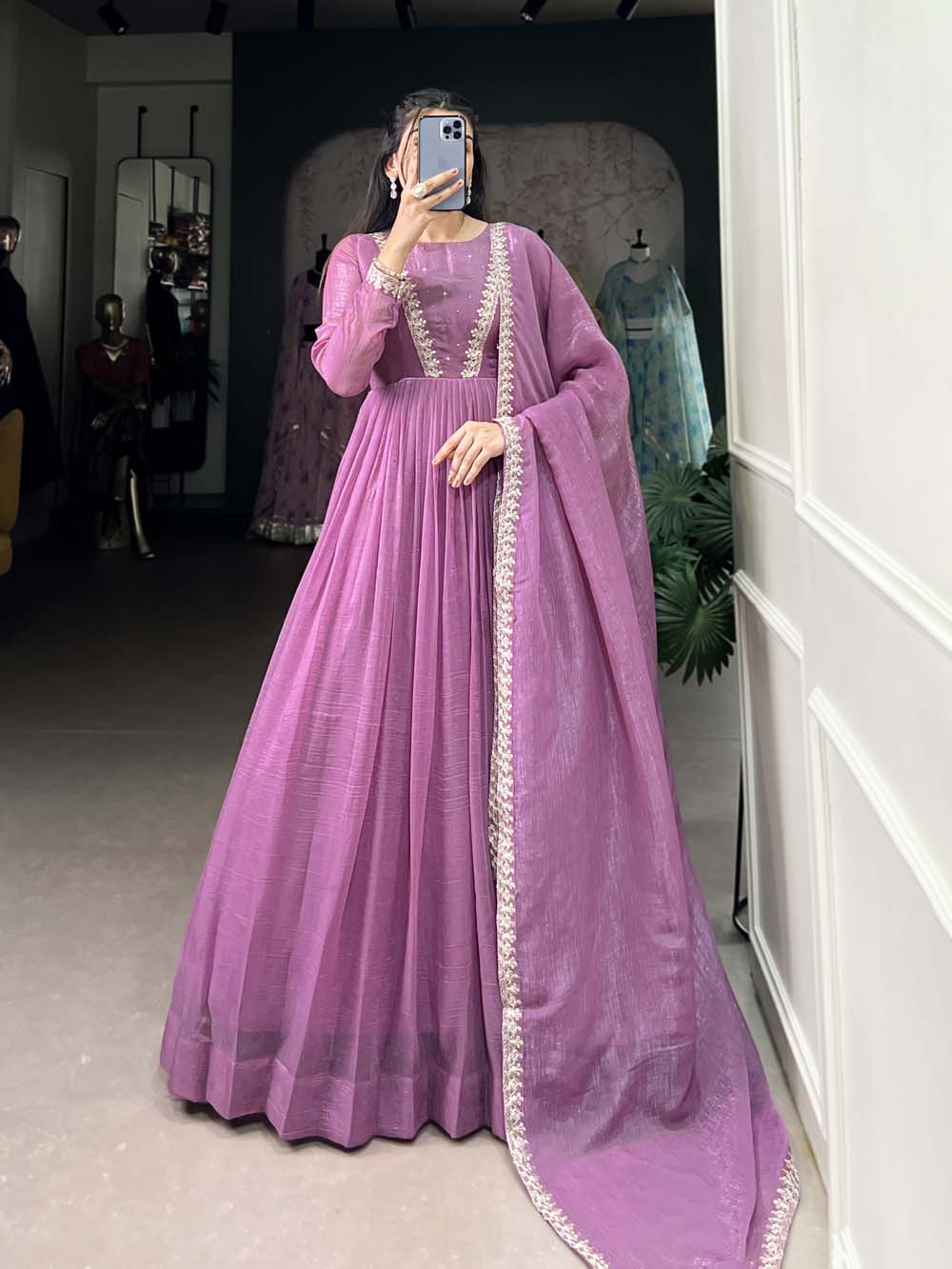 Lavender Color Hotfix With Sequince Lace Border Silver Glory Gown