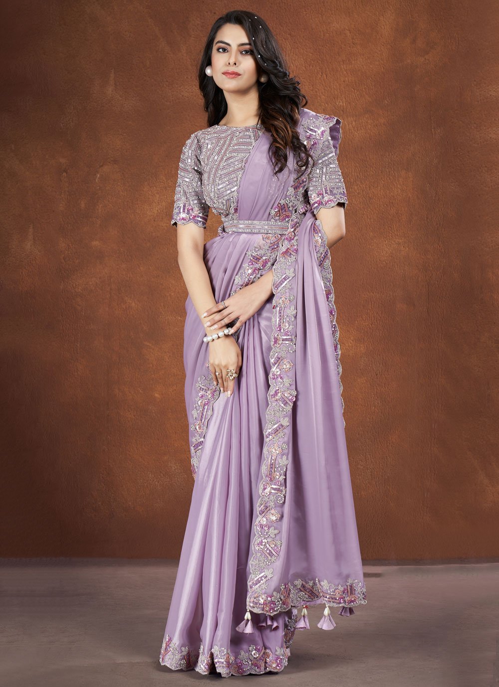 satin saree dress design Bride Ready Saree Designs Ready To Wear Pink Crepe Satin Silk Saree With Stitched Blouse 24615