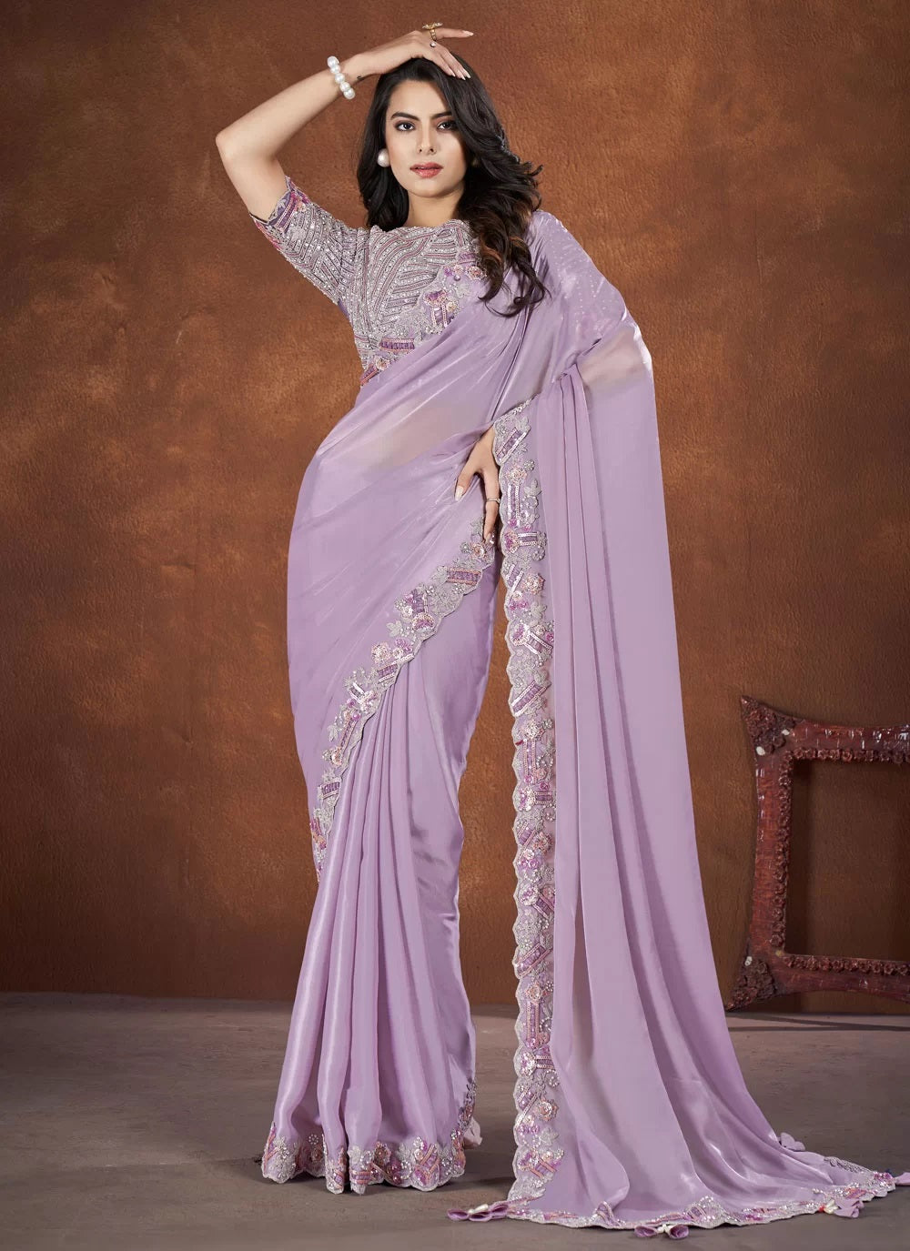Lavender Crepe Satin Silk Saree with Banglori Silk Stitched Blouse
