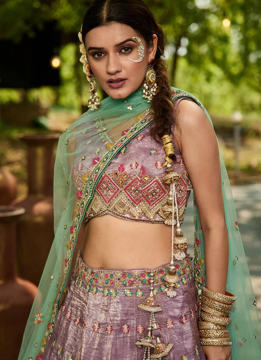 Lavender Embroidered Silk Lehenga Choli with Mirror Work and Mint Green Dupatta for Wedding