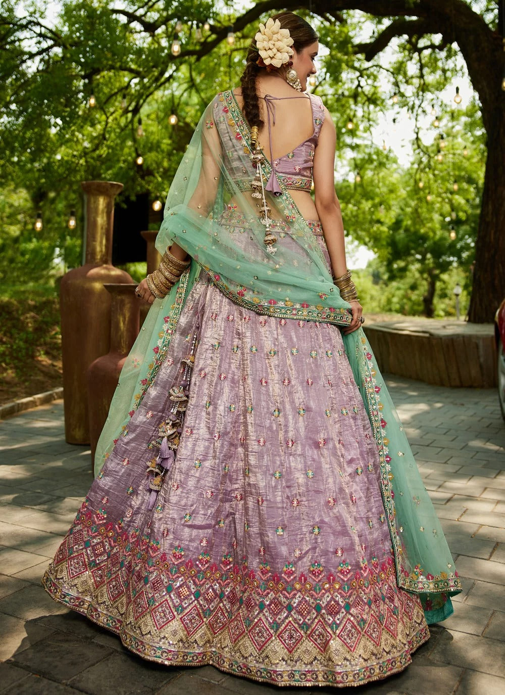 Lavender Embroidered Silk Lehenga Choli with Mirror Work and Mint Green Dupatta